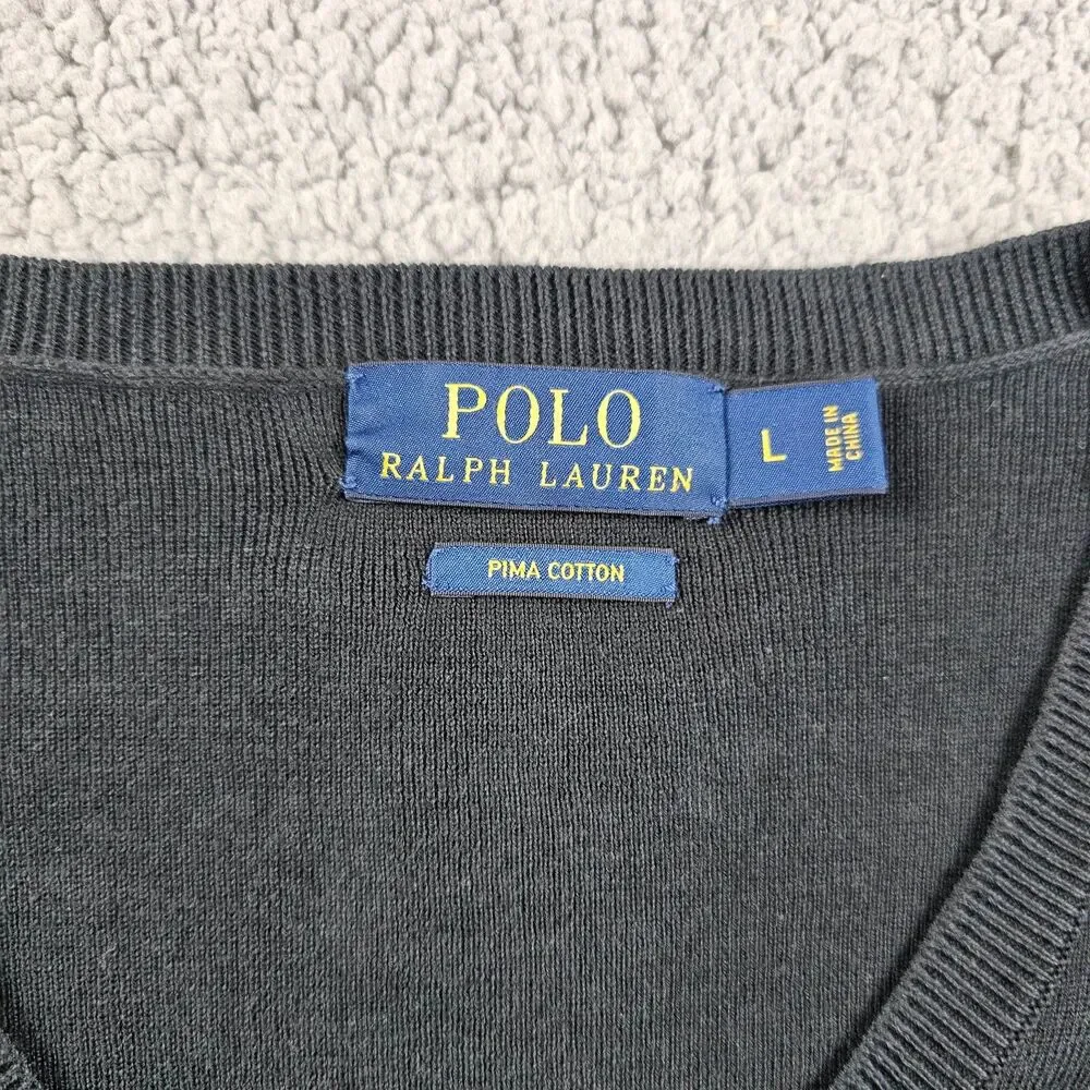 Polo Ralph Lauren Sweater Mens Large Black V Neck Pima Pullover Preppy Casual